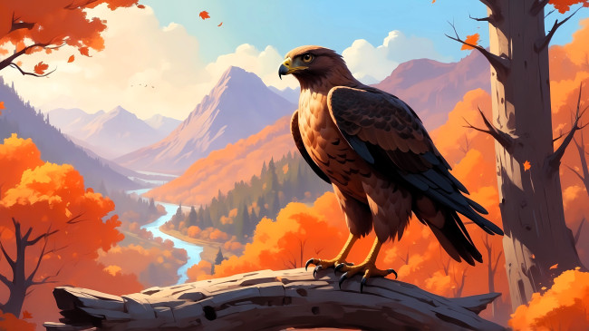 Обои картинки фото рисованное, животные,  птицы,  орлы, ястреб, птица, осень, бревно, река, лес, горы