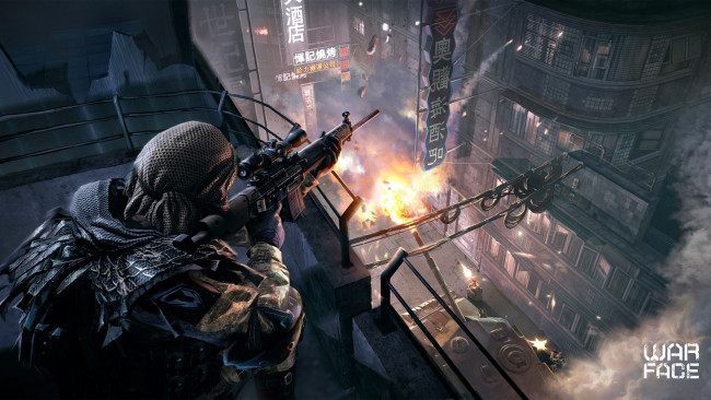 Обои картинки фото видео игры, warface, снайпер, форма, оружие, дома, город, взрыв, огонь