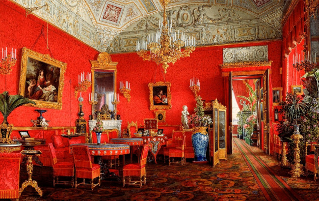 Обои картинки фото рисованное, эдуард гау, дворец, интерьер, комната, свод, лепнина, люстра, стулья, столы, ковер, картины, свечи, шторы, вазы