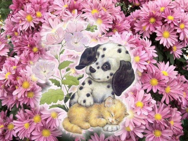 Обои картинки фото рисованные, животные, котенок, щенок