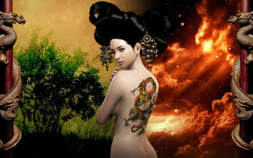 Картинка 3д графика people люди тату Японка гейша