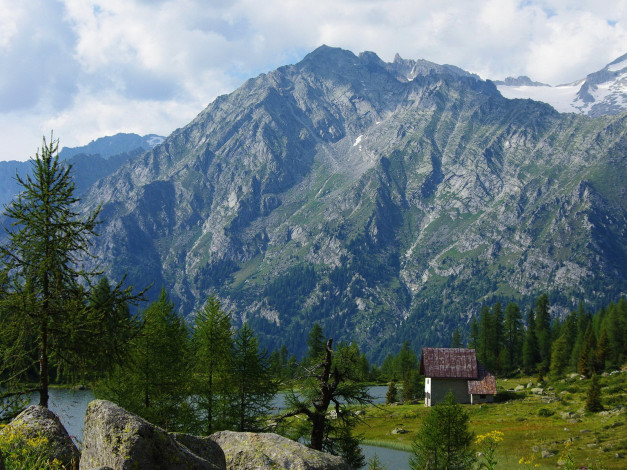 Обои картинки фото природа, горы, деревья, вода, камни, дом