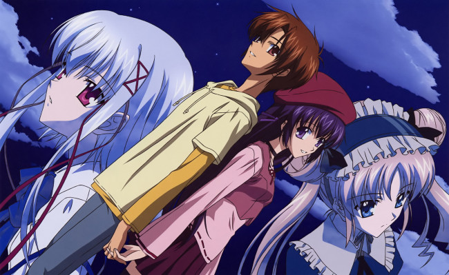 Обои картинки фото аниме, sola, небо, девушки, парень