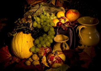 Картинка еда фрукты ягоды кувшины каштаны тыква виноград гранат