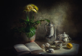 Картинка еда натюрморт зефир чай герберы лимон