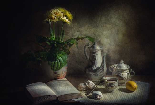 Обои картинки фото еда, натюрморт, зефир, чай, герберы, лимон