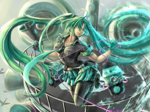 Картинка аниме vocaloid взгляд улыбка колонки hatsune miku девушка zhongjian fuquan art вокалоид самолеты рупор