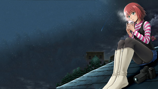 Обои картинки фото аниме, darker than black, suou, pavlichenko, девушка, небо, звезды, крыша, здания, фотоаппарат, кружка, деревья