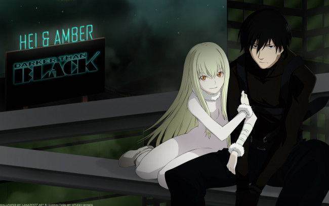 Обои картинки фото аниме, darker than black, hei, amber, мужчина, девушка, крыша, город, здания, ночь, вывеска