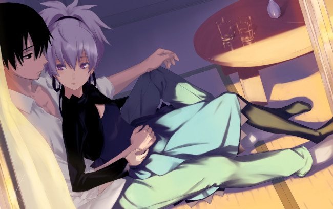 Обои картинки фото аниме, darker than black, yin, hei, kawakami, rokkaku, комната, стол, стаканы, пол, мужчина, девушка