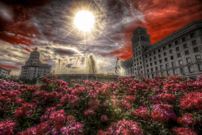 Обои картинки фото barcelona,  pla&, 231, a de catalunya, города, барселона , испания, цветы, площадь, фонтан