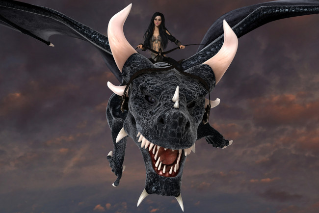 Обои картинки фото 3д графика, фантазия , fantasy, дракон, девушка, полет