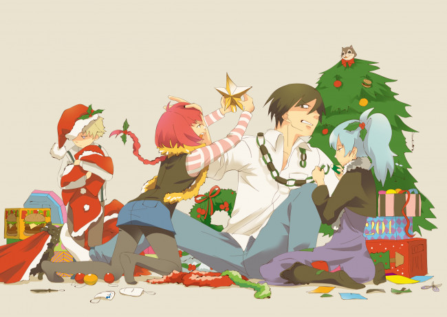 Обои картинки фото аниме, darker than black, yin, hei, suou, pavlichenko, mao, july, белка, украшения, елка, костюм, праздник, новый, год, звезда, гирлянда