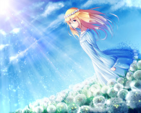 Картинка аниме unknown +другое одуванчики небо девушка fal лучи