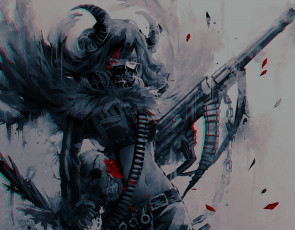 Картинка аниме ангелы +демоны рога девушка 404 not found маска оружие череп цветы арт