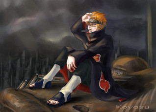 Картинка аниме naruto взгляд pain koyasu парень наруто art город риннеган сидит