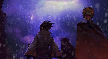 Картинка аниме naruto uzumaki art ночь друзья uchihs sasuke