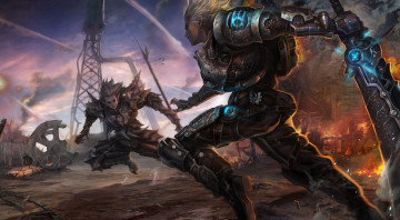 Картинка фэнтези эльфы argo арт битва огонь трубы вышка парни эльф оружие меч завод