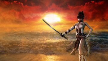 Картинка 3д+графика амазонки+ amazon девушка взгляд фон оружие море закат