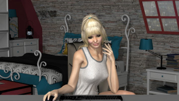 обоя 3д графика, люди , people, клавиатура, светильник, кровать, фон, взгляд, девушка