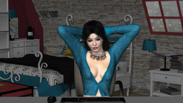 обоя 3д графика, люди , people, светильник, клавиатура, девушка, кровать, фон, взгляд