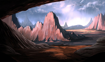 Картинка рисованное природа птицы облака долина горы