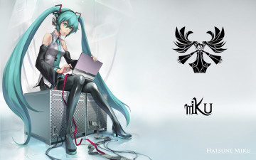 Картинка аниме vocaloid девушка длинные волосы вокалоид hatsune miku хатсуне мику ноутбук сидит art