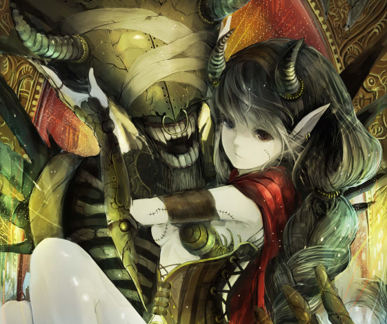 Обои картинки фото аниме, ангелы,  демоны, бинты, чудовище, рога, шрамы, арт