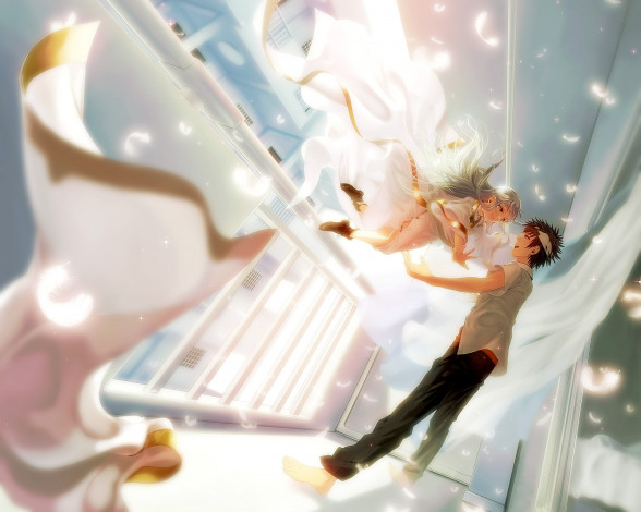 Обои картинки фото аниме, toaru majutsu no index, парень, index, to, aru, majutsu, no, art, девушка, радость, полет, повязка, коридор, настроение, kamijou, touma