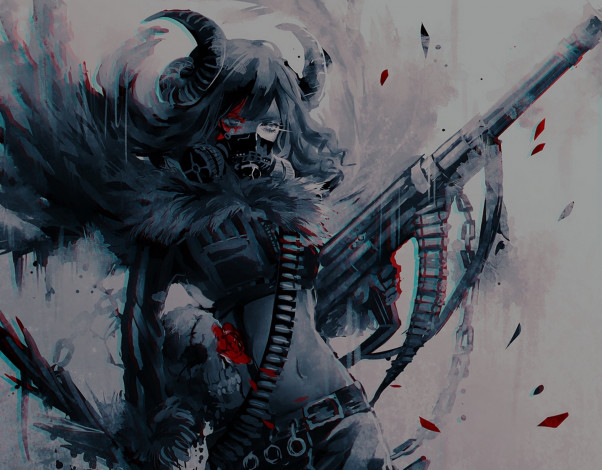 Обои картинки фото аниме, ангелы,  демоны, рога, девушка, 404, not, found, маска, оружие, череп, цветы, арт