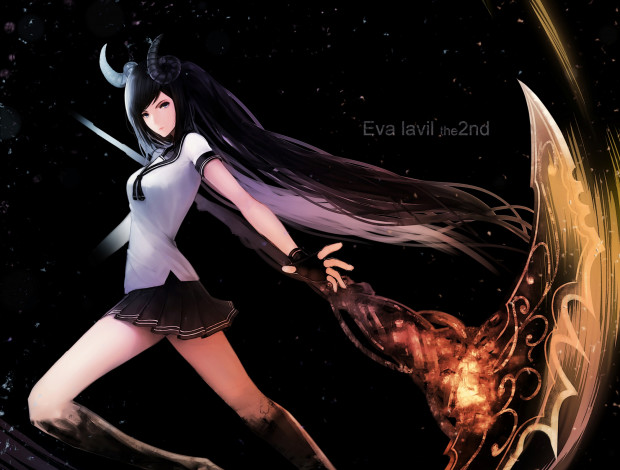 Обои картинки фото аниме, ангелы,  демоны, школьница, форма, коса, рога, оружие, девушка, ariinine, арт