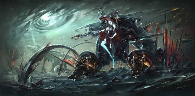 Обои картинки фото фэнтези, роботы,  киборги,  механизмы, арт, море, монстры, девушка