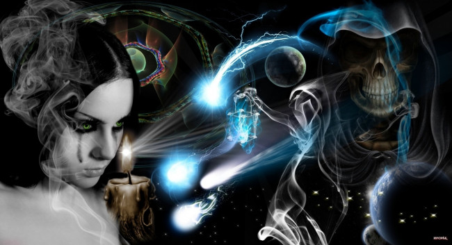 Обои картинки фото девушки, -unsort , креатив, свеча, свет, брюнетка, дым, смерть