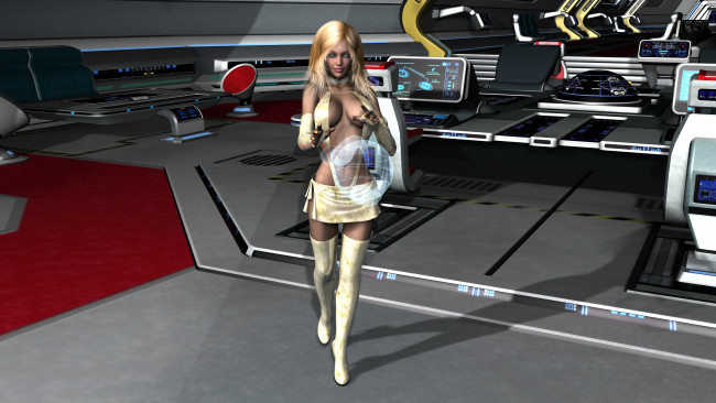 Обои картинки фото 3д графика, фантазия , fantasy, девушка, взгляд, фон, блондинка, космический, корабль