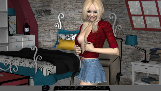 Обои картинки фото 3д графика, люди , people, клавиатура, девушка, кровать, взгляд, фон, светильник