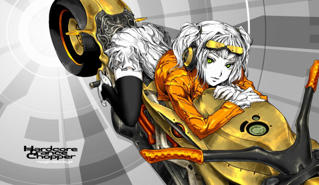 Обои картинки фото аниме, оружие,  техника,  технологии, фон, очки, nagimiso, девушка, мотоцикл, арт