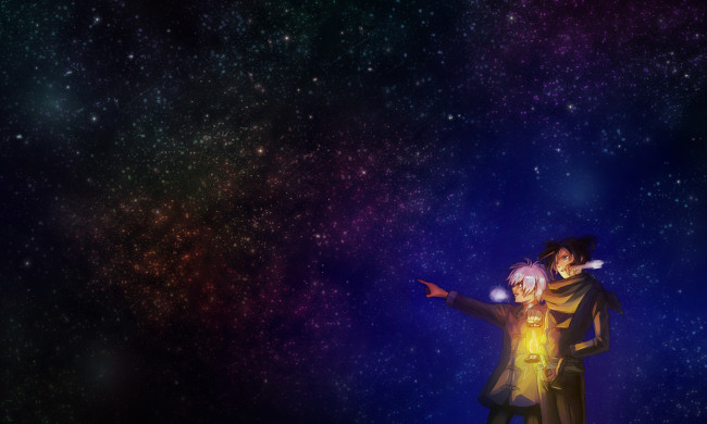 Обои картинки фото аниме, no,  6, ночь, звезды, лампа, пар, парни, shion, nezumi, no-6, арт, небо