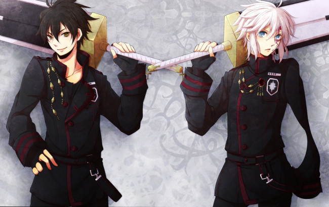 Обои картинки фото аниме,  gray-man, art, парни, d-gray-man, недоумение, оружие, улыбка, взгляд, fujiya, neah, walker, allen