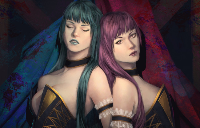 Обои картинки фото фэнтези, девушки, art, pink, blue, волосы, лицо, взгляд