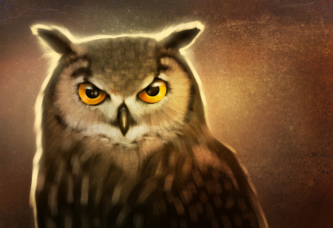 Обои картинки фото рисованное, животные,  птицы,  совы,  филины, взгляд, art, сова, птица, клюв, глаза