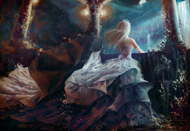 Обои картинки фото аниме, unknown,  другое, арт, принцесса, водопад, тиара, девушка, jennyeight