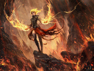Картинка фэнтези магия chandra nalaar girl скалы fantasy огонь magic the gathering art девушка Чандра налаар by ivan tao пламя арт маг рисунок