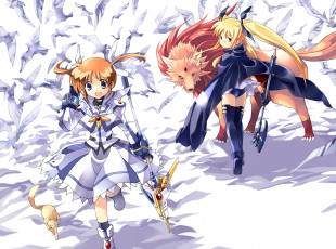 Картинка аниме mahou+shoujo+lyrical+nanoha девушки фон взгляд