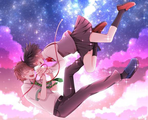 Обои картинки фото аниме, kimi no na wa, парень, фон, девушка, взгляд