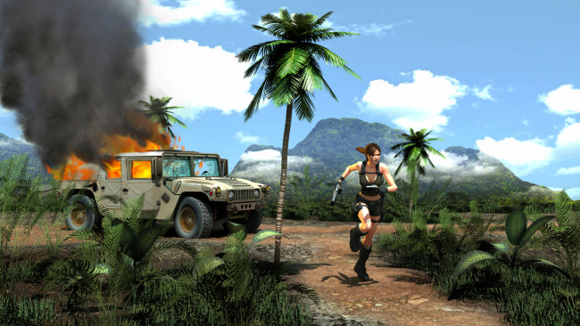 Обои картинки фото видео игры, tomb raider,  underworld, девушка, фон, бег, автомобиль, пистолет, огонь, плато