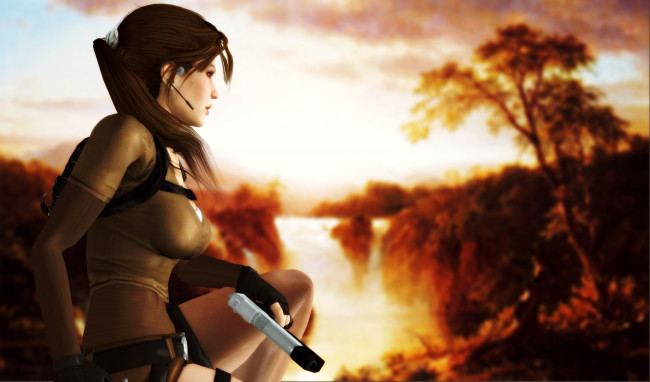 Обои картинки фото видео игры, tomb raider,  legend, водопад, фон, девушка, гарнитура, пистолет