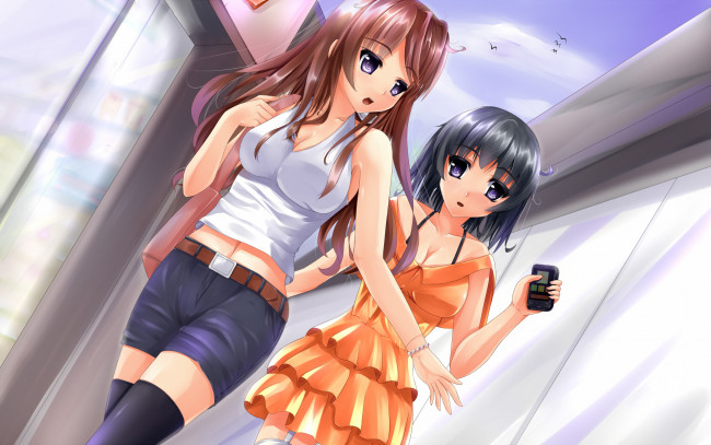 Обои картинки фото аниме, unknown,  другое, фон, девушки, взгляд