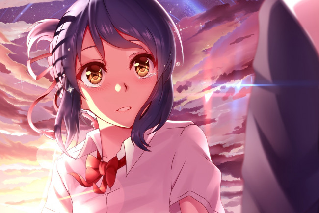 Обои картинки фото аниме, kimi no na wa, девушка, фон, взгляд