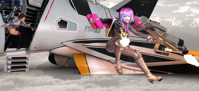 Обои картинки фото 3д графика, фантазия , fantasy, фон, оружие, девушки, взгляд