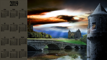 Картинка календари компьютерный+дизайн лошадь вода мост замок